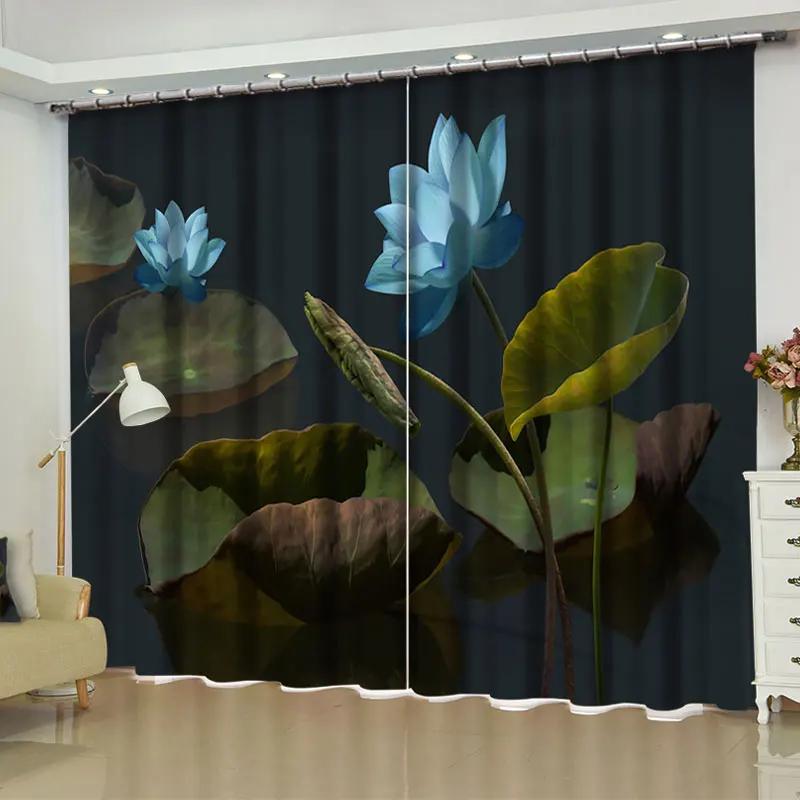 Lotus Green Lotus Flower Printed Curtain for Bedroom Living Room Floor-to-ceiling Window Kitchen Shutters Grommet Top Cortinas