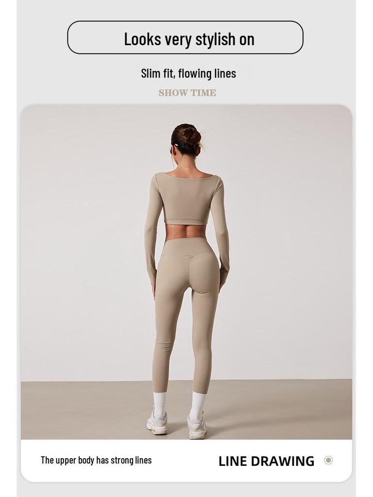European & American Dance Yoga Wear: Sexy Square Neck Long Sleeve Top & High Waist Hip-Lifting Pants Set