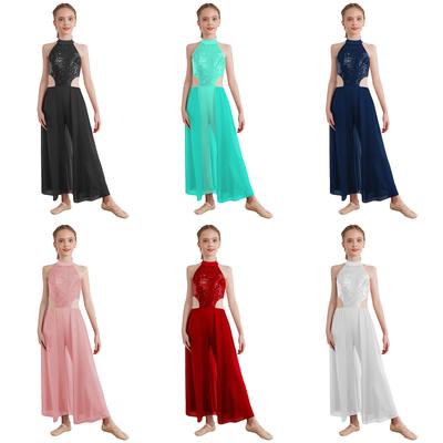 Sparkling Sequin Dancewear for Girls: Complete Performance Jumpsuit with Halter Neck, Sleeveless Backless & Skirted Bottom