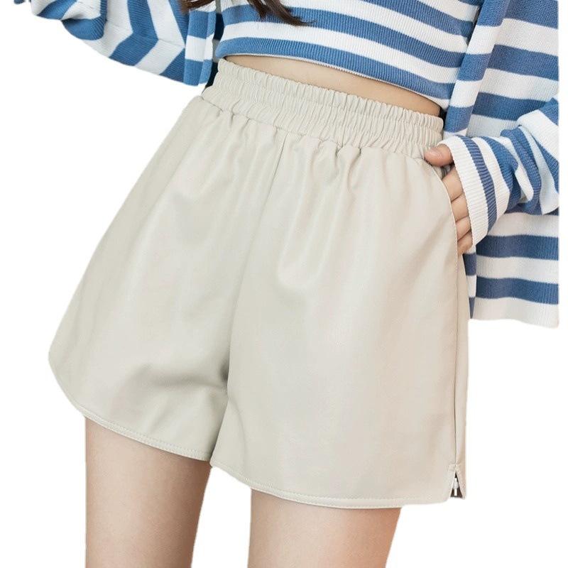 Women's Fall Winter Outer Wear Elastic Waist High Waisted Slimming A-Line Wide Leg PU Leather Shorts Petite Base Pants Mini Shorts