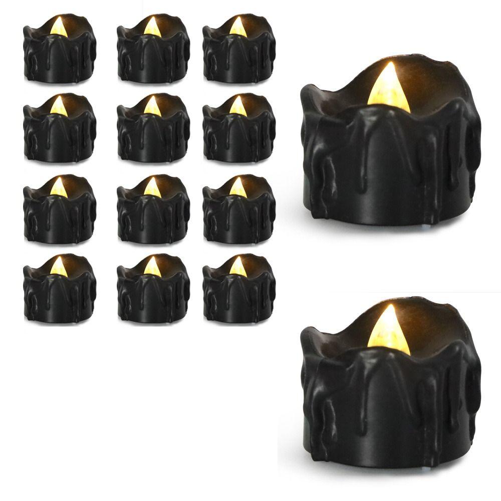 12Pcs Black Black Candle Light Plastic+LED Effect Flickering Candle  Home Decoration