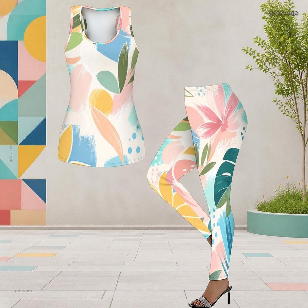 Women Plus Size Two Piece Set Scoop Neck Sleeveless Black Red Pink Printed Longline Tank Top Fitted Pants