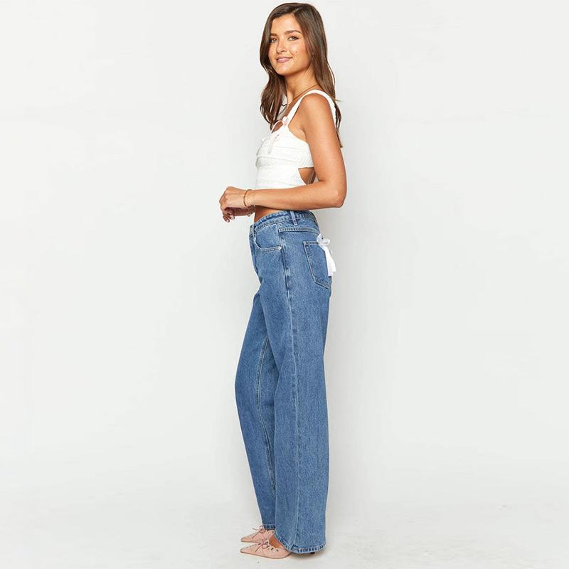 Vintage Bow Straight Jeans Women Causal Loose Zipper High Waist Trousers Spring Denim Pants with Pockets