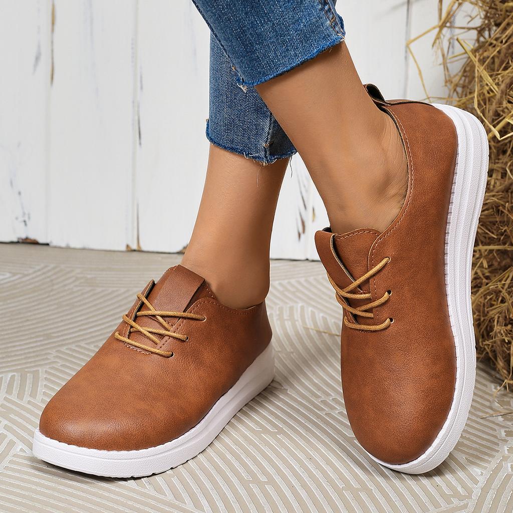 New Spring and Autumn Leather Women Shoes Solid Color Round Head Front Lace Up Comfortable Women's Casual Sneakers Size 36-42