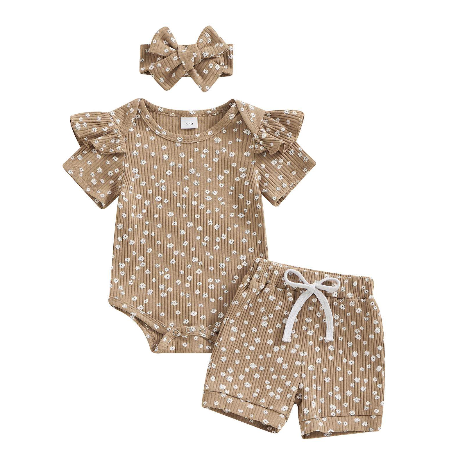 

Комплект из 3 предметов: шорты для маленьких девочек, цветочный принт, короткий рукав, комбинезон с шортами и повязкой на голову, летний комплект хаки