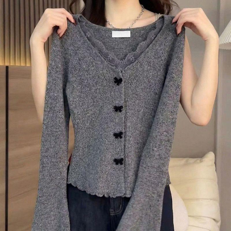 Gray Ruffled Edge High-End V-Neck Long-Sleeve T-Shirt for Women, Popular in Spring and Autumn, Korean Style, Slimming, Pleated Cardigan, Trendy Gray V-Neck Long-Sleeved T-Shirt Cardigan S