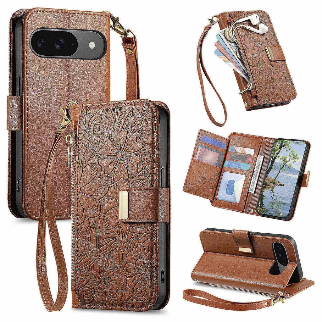 Phone Case For Google Pixel 9 Pro  / 9 Floral Leaf Pattern Multi Card Slots Zipper Leather Phone Cover with Wrist Strap