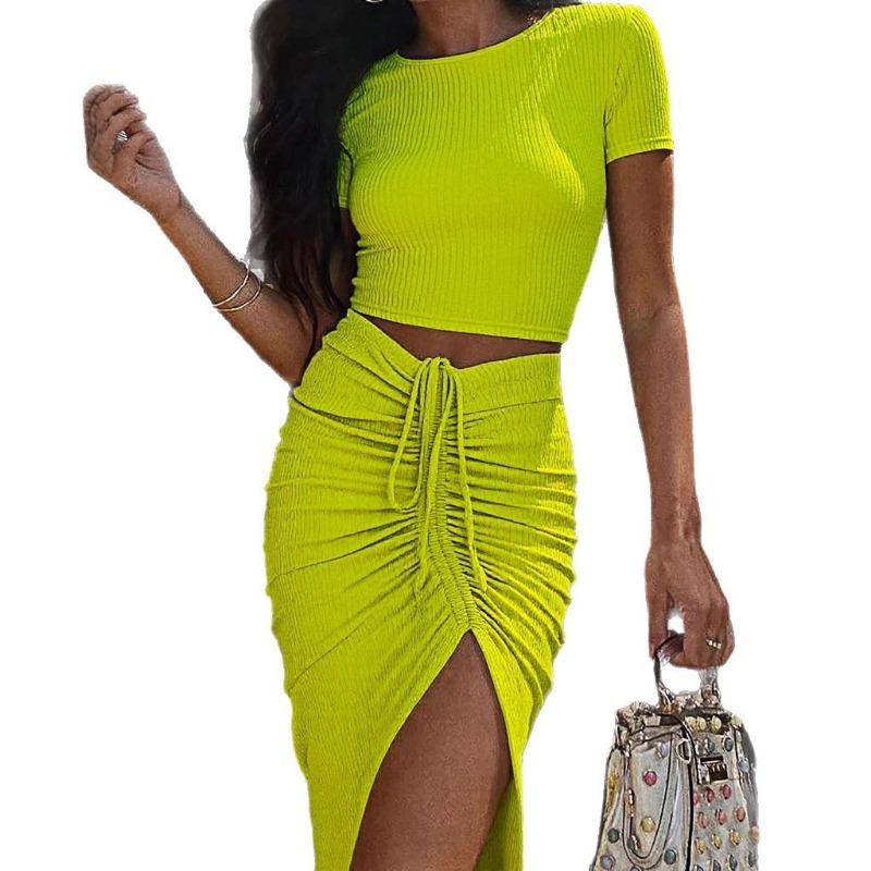 Women's Short-sleeved Body-hugging Skirt Set Slit Skirt Short-sleeved Top Set