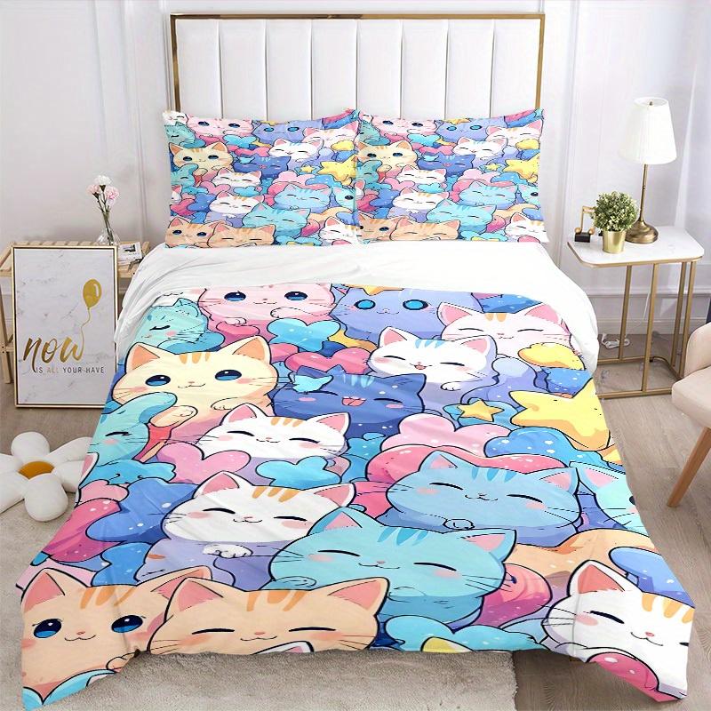 3pcs Cats Pastel Bedding Cover Set, Fashion Classic Popular Print Bedding Set, Soft Comfortable, All Season Use, For Bedroom, Guest Rooma0819139