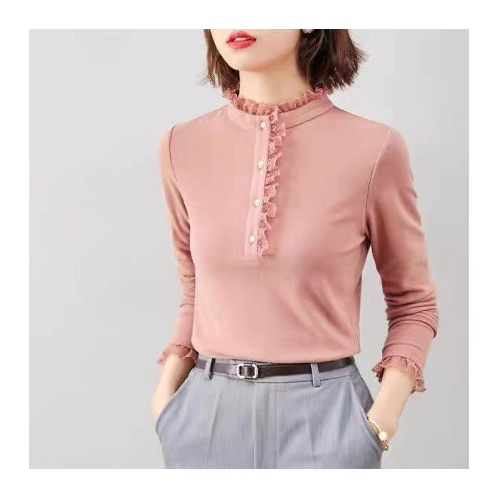 Женская утепленная базовая рубашка с длинным рукавом, осенне-зимняя, начес, двусторонняя, с кружевом, воротник-стойка, последняя модель L