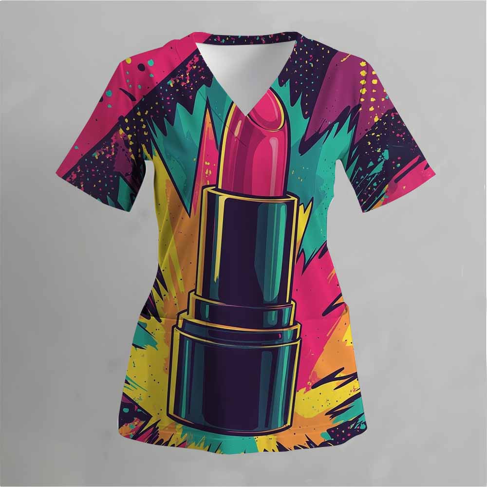 Uniformă Medicală Mată Model Pisică Panglică Roz Femei Uniformă Top cu Mânecă Scurtă cu Guler în V cu Buzunar Femei Mat