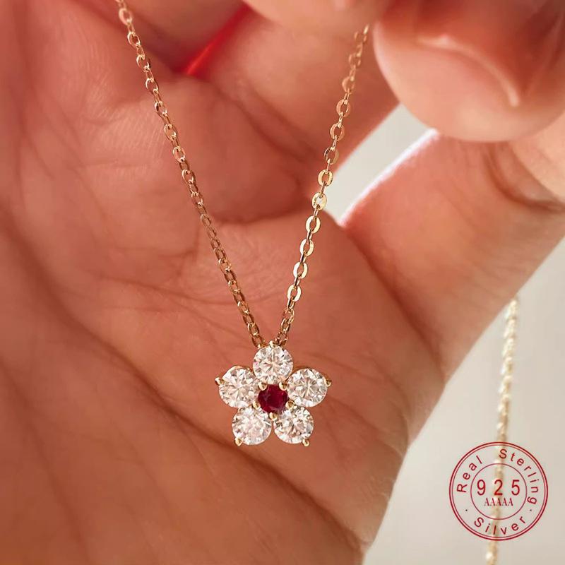 

925 Sterling Silver Retro High Quality Flowers Pendant Necklace Red CZ For Women Birthday Gift Fine Jewelry 45cm&Gold