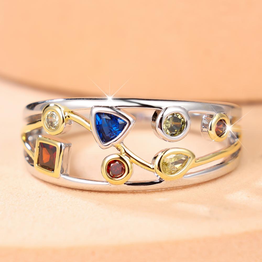 Two-Tone Geometric Multi-Color Stone Ring Silver & Gold Open Band Triangle Square CZ Fashion Jewelry Gift for Women