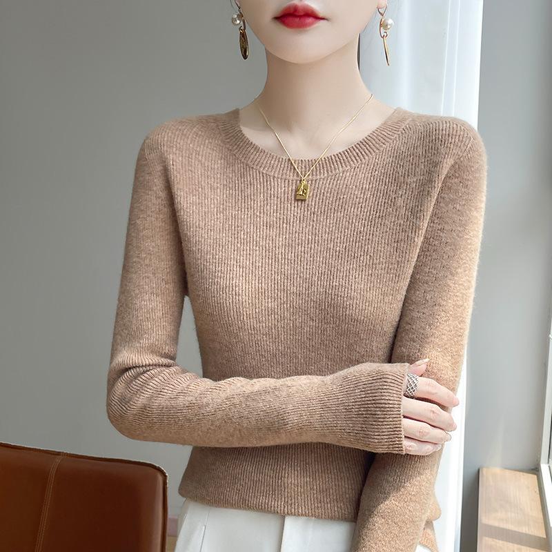 Solid Color Crew Neck Long Sleeve Slim Fit Casual Knit Sweater For Women