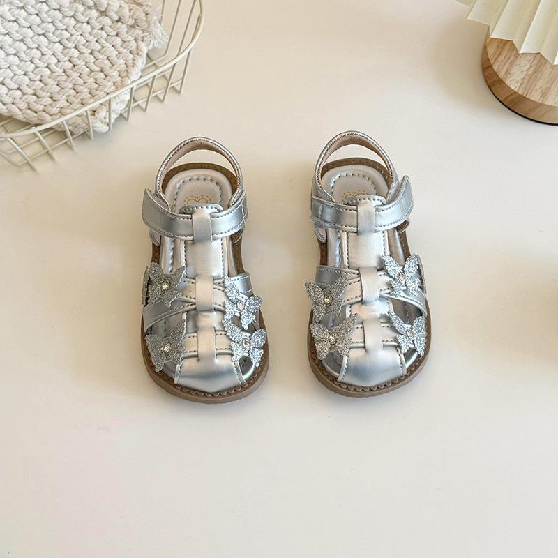 

Children s Princess Shoes Baby Girl Bling Butterfly Sandals Fashion Braided Soft Bottom Casual Kids Sparkly Beach Sandals H07166 22 серебряный
