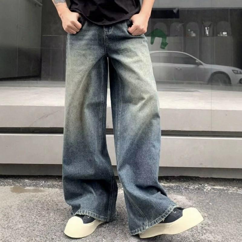 Mens High-Waisted Wide-Leg Straight Cut Denim Pants Water Washed Vintage Loose Fit Casual Trousers Fall 2026