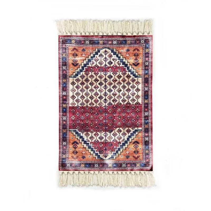 Persian Style Hand-Knotted Floor Mat With Tassels Retro Ethnic Geometric Printed Area Rugs Kitchen Bedroom Bath Non-Slip Carpet
