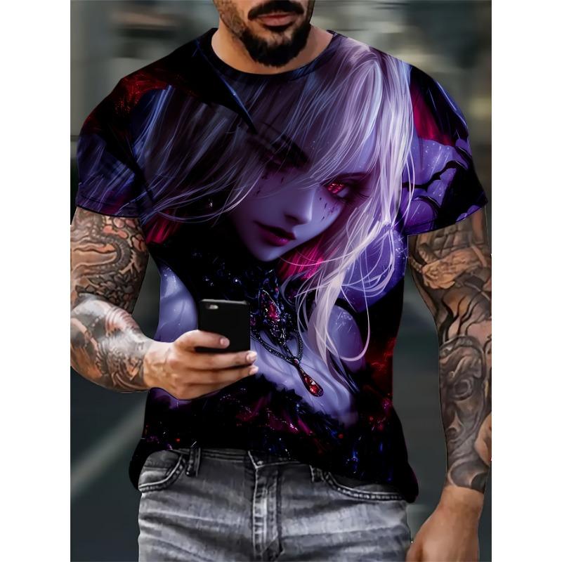 

3D Printed T-Shirt for Plus Size Men Featuring a Dark-Themed Girl with Purple Hair, S