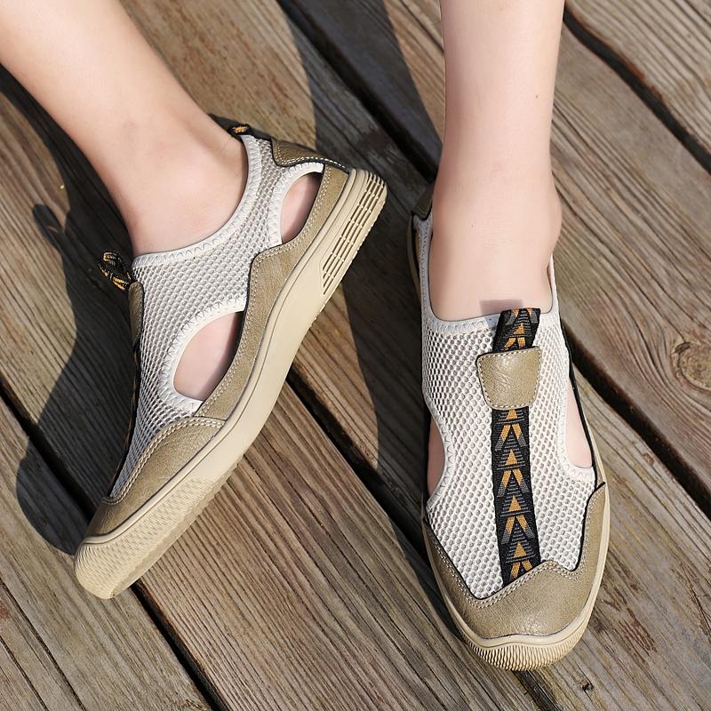 Sandale Bărbătești din Piele Perforată Plajă Exterior Mesh Piele Moale Pantofi Casual Timp Liber Durabili Bărbați 2024 Adidași Noi de Vară