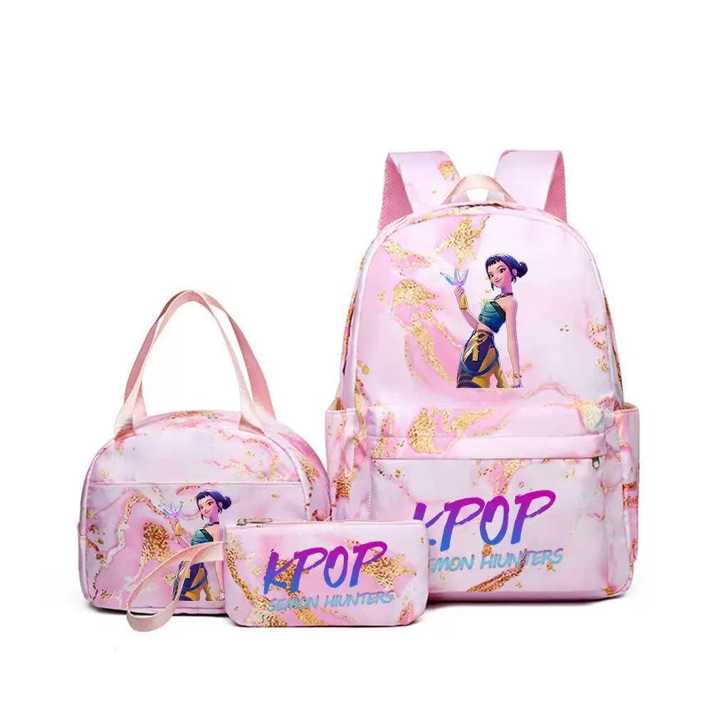KPOP Dämonenjägerin Girlgroup Rucksack, Brotdose & Federmäppchen Set - Anime Schultasche & Bento Box Kombi