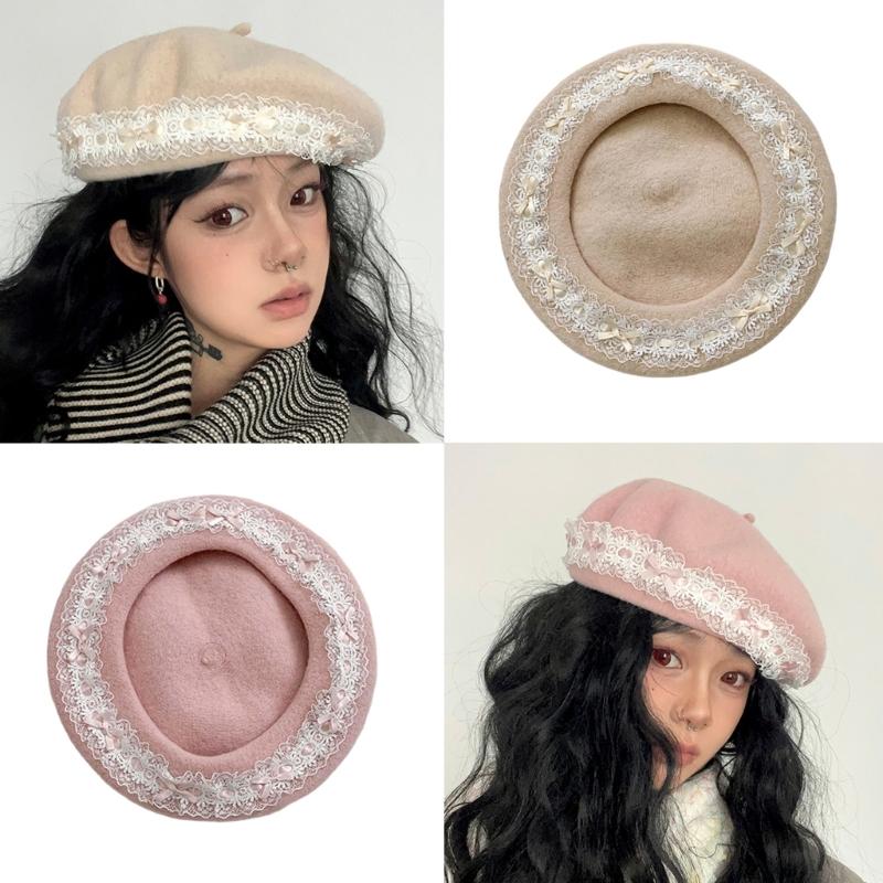Trendy Painter Hat with Bows Flat Hat British Beret for Dating Photography Cabbie Headwear Painter Hat Autumn