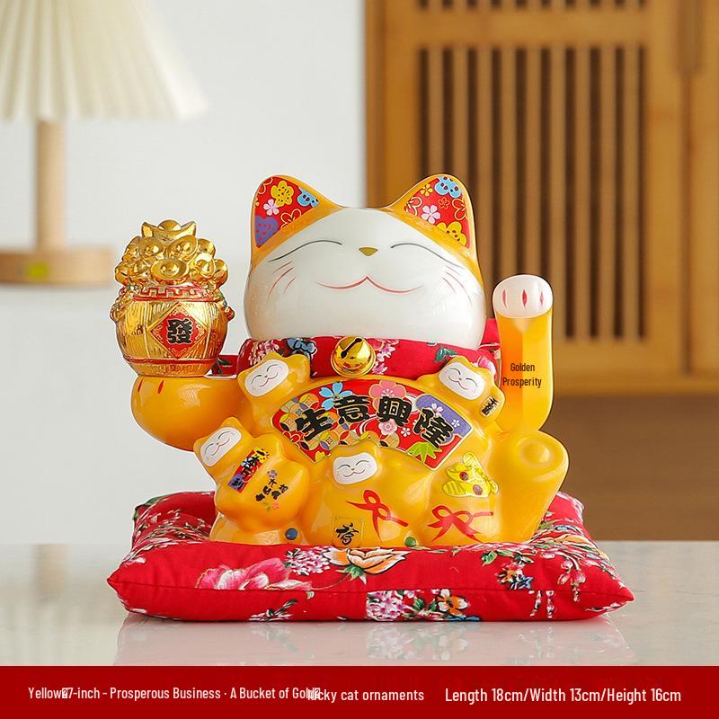 Electric Waving Lucky Cat Ceramic Ornament for Home, Living Room, Shop, or Cashier Desk.