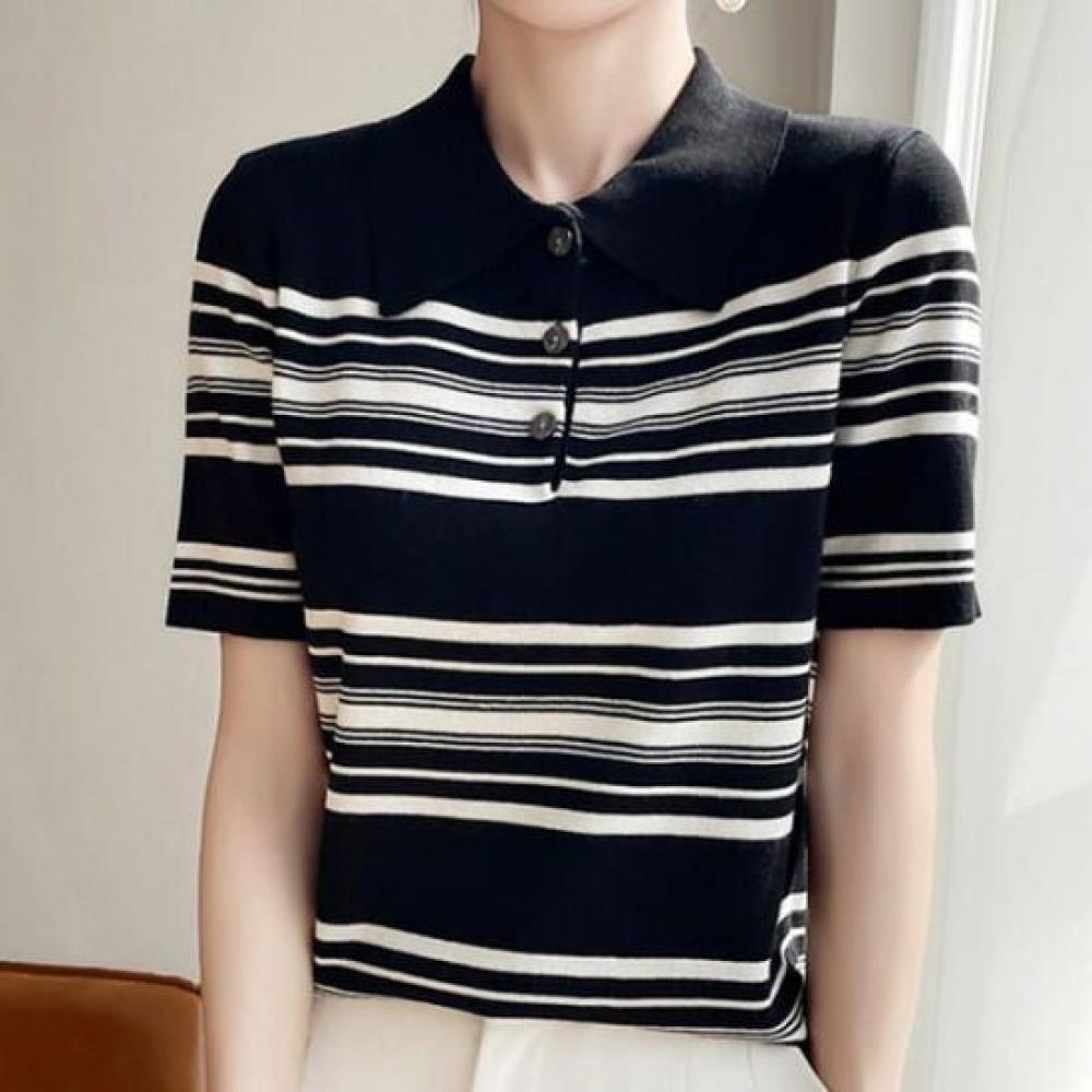 Navava Daily Stripe Collar Half Sleeve Knit Tee Nk2947