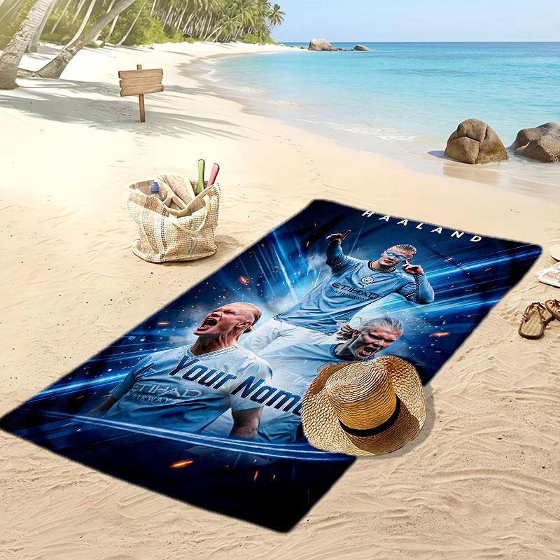 Asciugamano da Spiaggia Personalizzato Stampato Erling Haaland Logo Calcio Supporto Nome Personalizzato Testo Asciugamano Assorbente Per Sport Viaggio Regalo Speciale