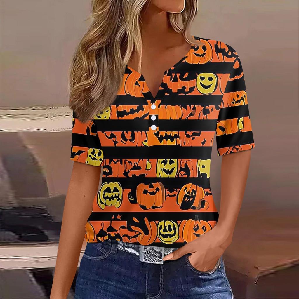 Women's T Shirt Tee Halloween Printed Button Short Sleeve Tunic Daily Weekend Fashion Basic V- Neck Regular Top