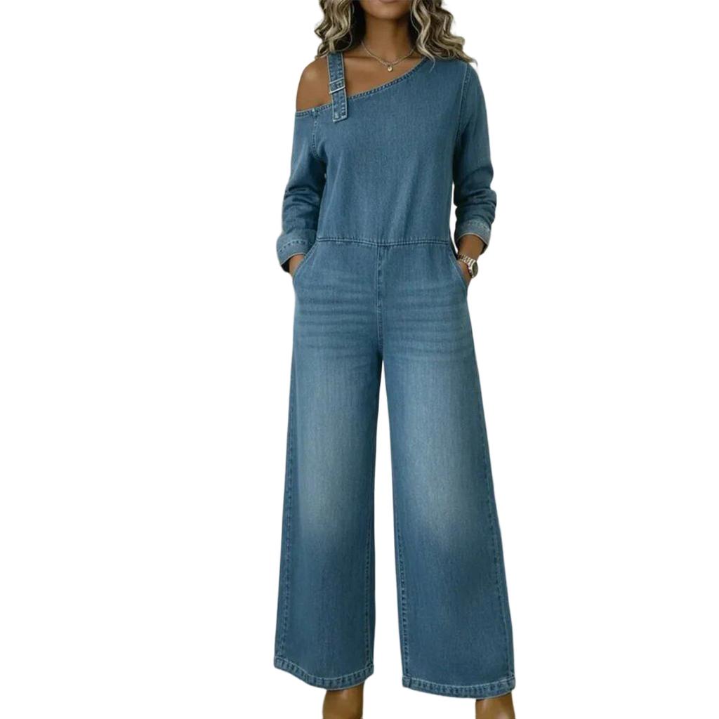 Denim Jumpsuit für Damen Schulterfrei mit Taschen, Bequeme Lässige Lange Hose, Trendiges Mode Sommer Outfit