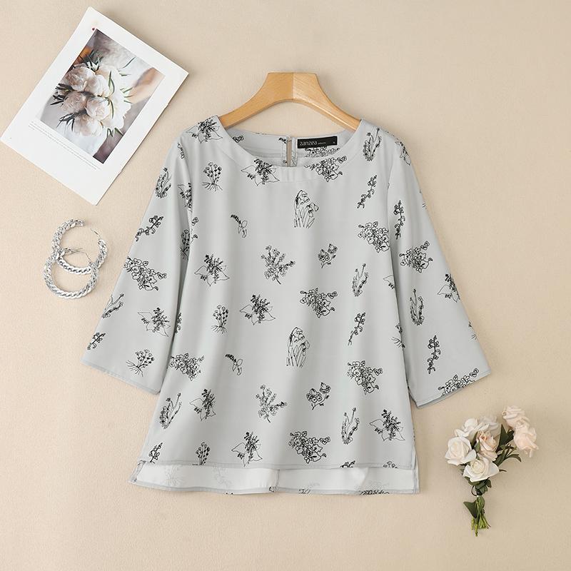 

ZANZEA Женская повседневная блузка с круглым вырезом, свободным рукавом 3/4 и принтом 2XL светло-серый