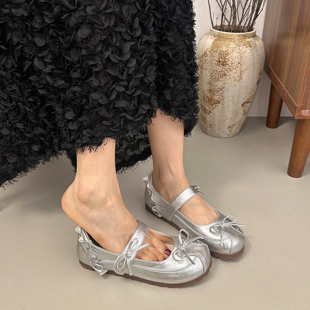 Silver ballet flats women's 2025 summer and autumn new bow Mary Jane single shoes French light mouth small leather shoes