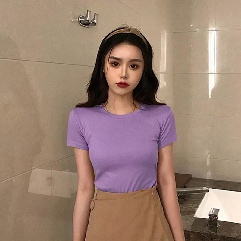 Solid Color Tee Fashion Sexy Short-sleeved Round Neck T Shirt Trendy Wild Bottoming Top For Women