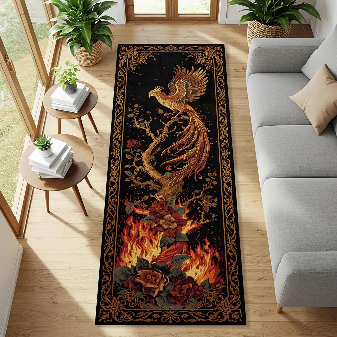 

Medieval Dragon Phoenix and Knight Runner Rug Fantasy Entryway Carpet for Gothic Hallways, Bedroom Bedside Extended Floor Mat 40cm x 120cm