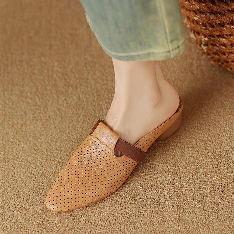 French Breathable Hollow Bag Head Half Slippers Women's Summer 2025 New Commuter Pointed Sandals Lazy Low Heel Muller Shoes