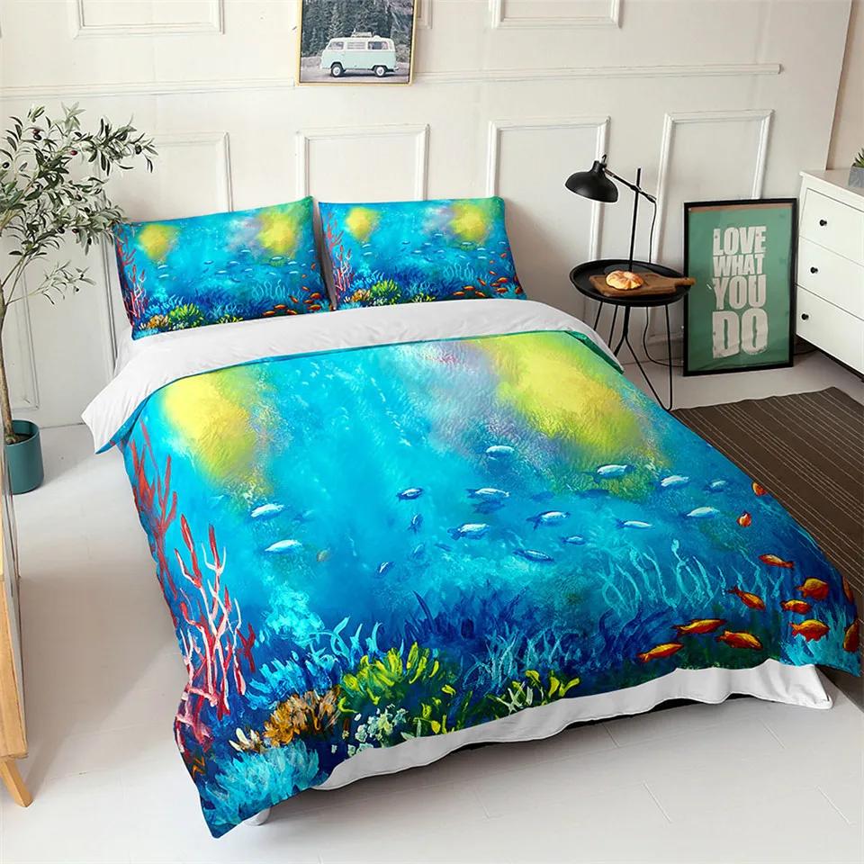 Comforter Ocean Blue Sea Fish 3D Printed Kids Bedding Set Queen King Nordic Ocean Landscape Soft Polyester Comforter