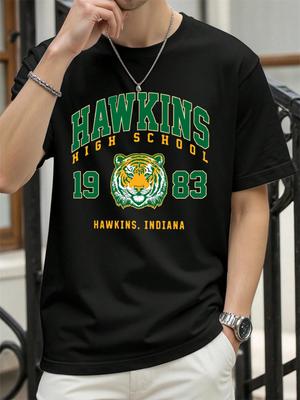 Hawkins 1983 Mighty Tiger Prints Herren T-Shirts AllMatch Baumwoll-T-Shirt Locker Sommerkleidung Übergroß Rundhals Sportbekleidung