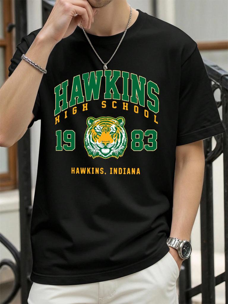 Hawkins 1983 Mighty Tiger Prints Mans T Shirts All-Match Loose Oversized Crewneck Sportswear