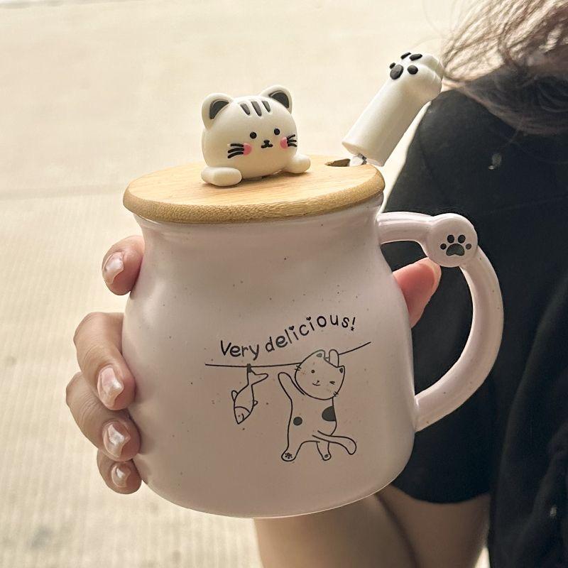 Cute Cartoon Cat Ceramic Mug with Lid and Spoon – Breakfast Coffee Cup