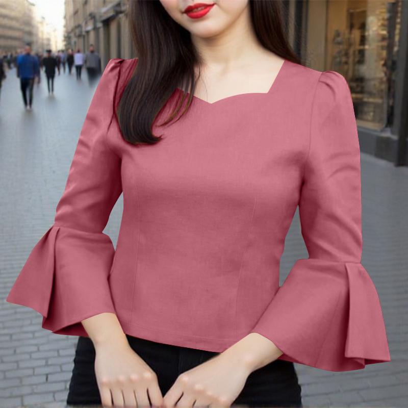 

ZANZEA Women Casual V-Neck Summer 3/4 Sleeve Plain Blouse 5XL рожевий