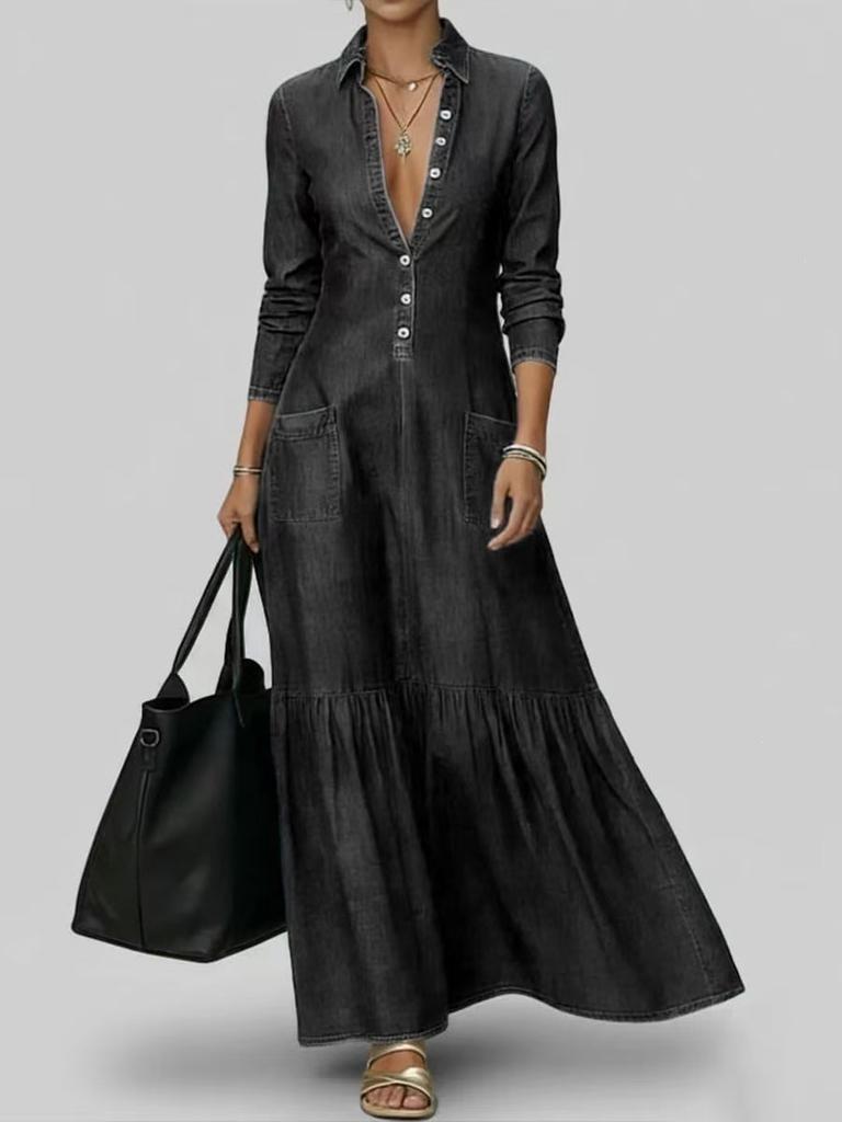 European and American cross-border street retro collar temperament denim dress women's summer new high-end foreign-style waist dress