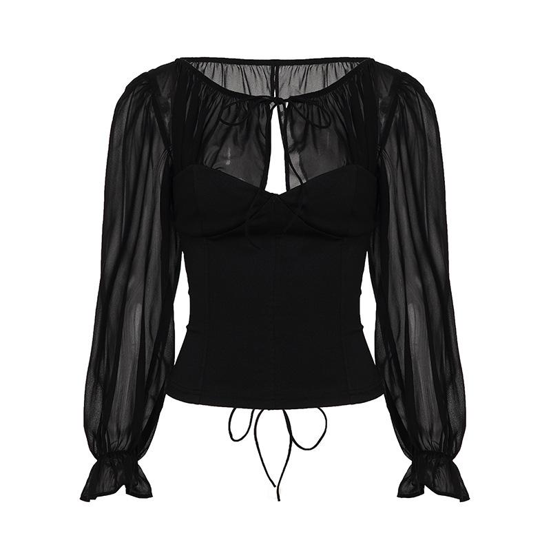 

European and American women s clothing court style sexy V-neck pleated T-shirt chiffon waist slim bubble sleeve top S чёрный