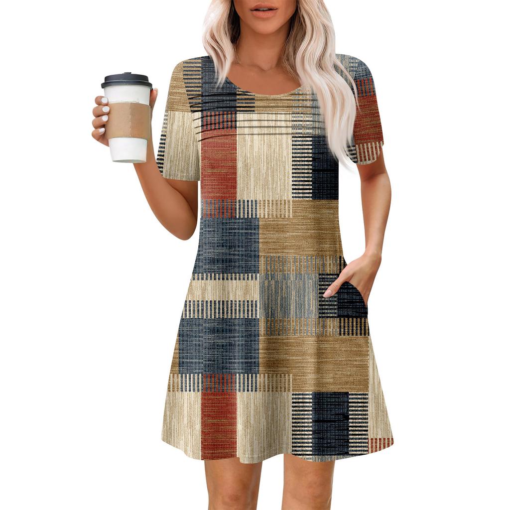 Damen Sommer Casual Rundhals Plissee Mit Taschen Bedruckte Kurzarmkleider