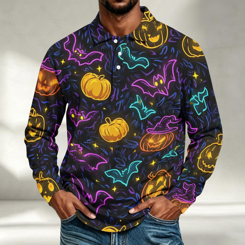 Men's Casual Loose Fit Long Sleeve Shirt with Halloween Print