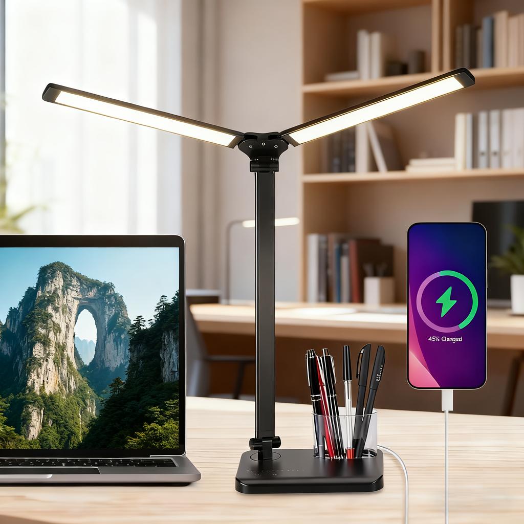 Eye-Care LED Desk Lamp with Dual Swing Arms, USB Charging Port, Touch Control, Foldable Design for Home Office, Study, Dorm Use