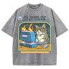 Cat Playing Computer GamesPrint Snow Wash T Shirt Man Unisex Washed Tees Casual Shortwear Soft Breathable Cotton Clothes