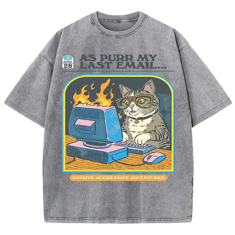 Cat Playing Computer GamesPrint Snow Wash T Shirt Man Unisex Washed Tees Casual Shortwear Soft Breathable Cotton Clothes