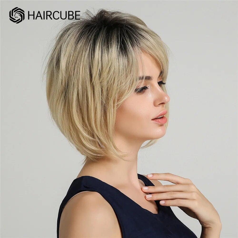 Krótka warstwowa blond peruka Prosty Bob Mieszanka włosów syntetycznych Peruki z grzywką dla kobiet Codzienne/Cosplay Zastosowanie Włosy termoodporne