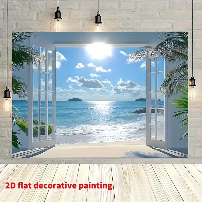 Ocean View Open Door Tapestry Beach Palm Tree Background Cloth