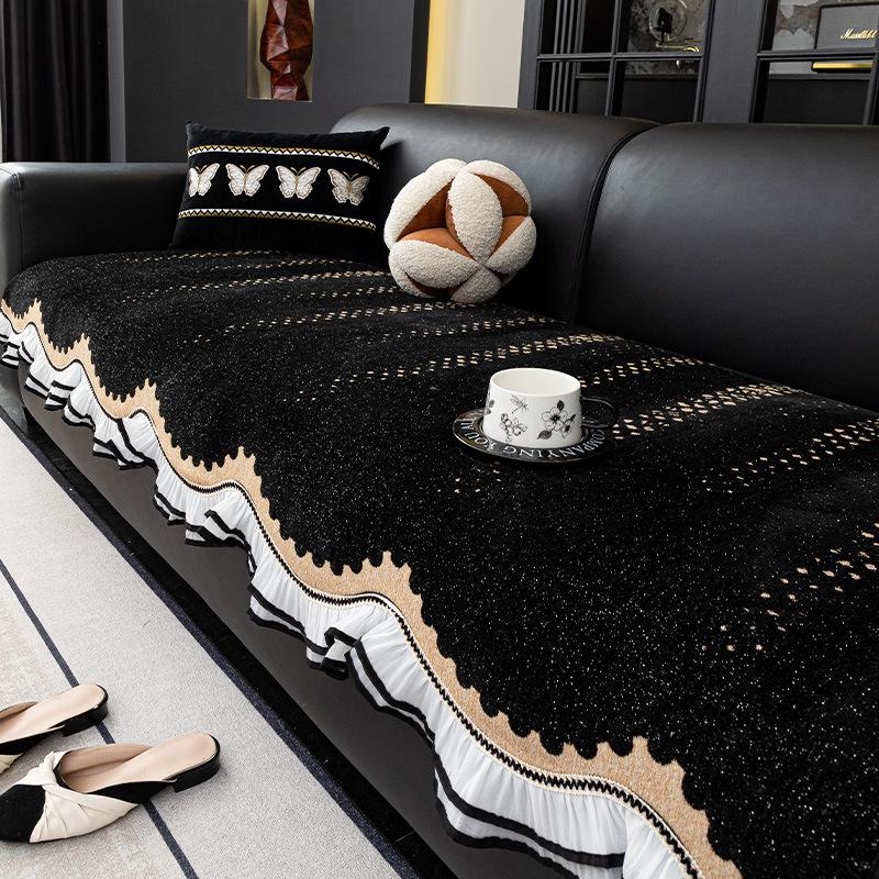 Light luxury high-end straight row sofa cushion black four-season universal non-slip 2025 new chenille cover sofa cushion